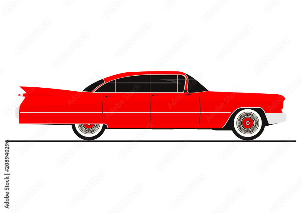 Sticker of vintage car. Side view. Flat vector.