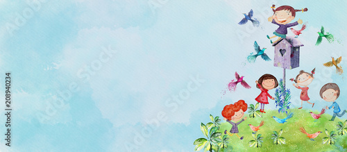 Happy children with birds. Watercolor background