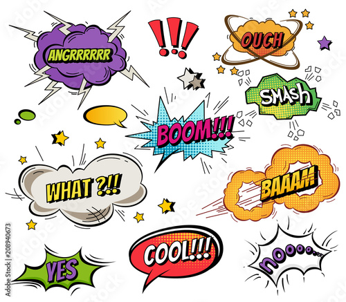 Comic speech bubbles and splashes set with different emotions and text Vector bright dynamic cartoon illustrations isolated on white background