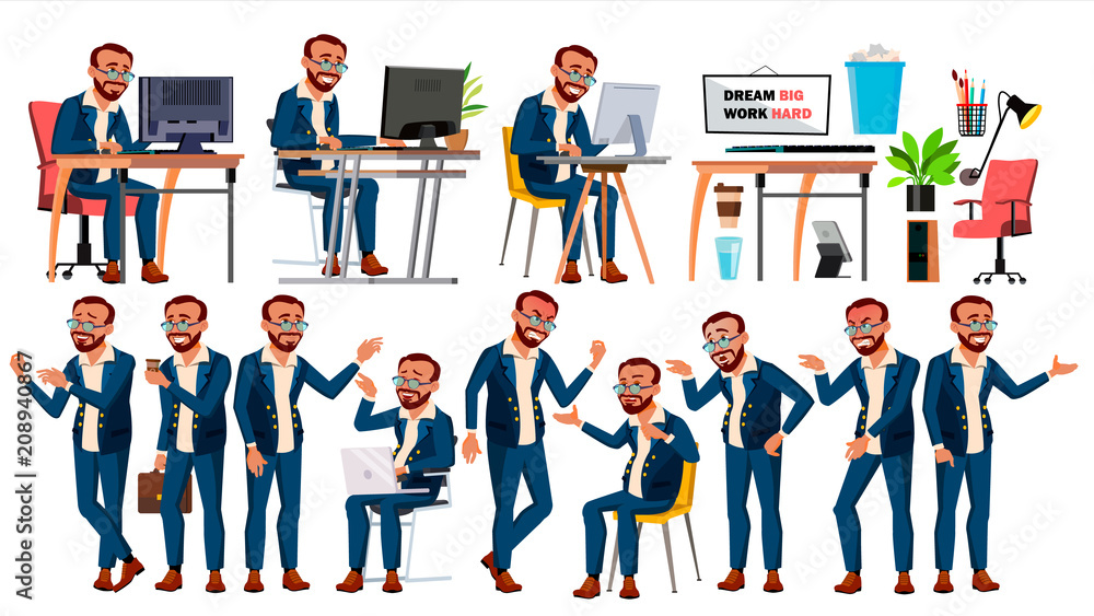 Office Worker Vector. Face Emotions, Various Gestures. In Action. Businessman Male. Turkish. Isolated Cartoon Illustration