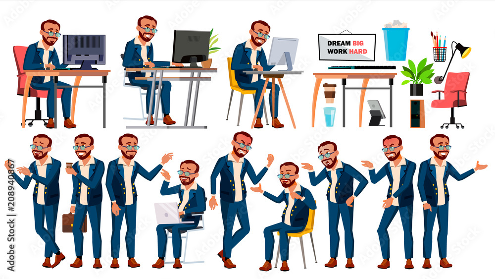 Office Worker Vector. Face Emotions, Various Gestures. In Action. Businessman Male. Turkish. Isolated Cartoon Illustration Office Worker Vector. Face Emotions, Various Gestures. In Action. Businessman Male. Turkish. Isolated Cartoon Illustration