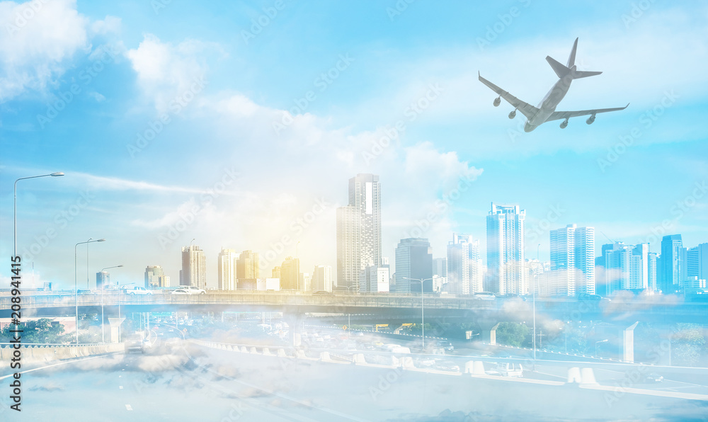 Obraz premium Capital urban building on expressway in bangkok with plane