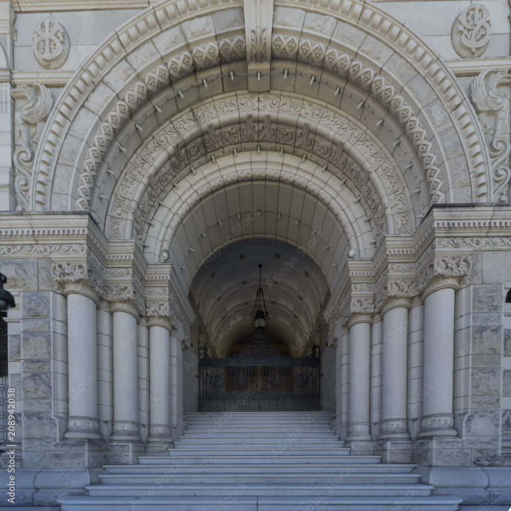 View of entrance to British Columbia Parliament Buildings, Victoria, Vancouver Island, British Columbia, Canada
