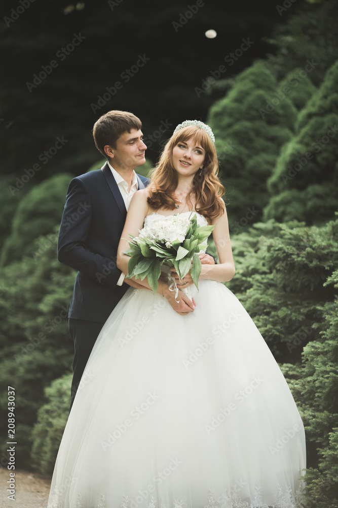 Happy wedding couple walking in a botanical park Happy wedding couple walking in a botanical park