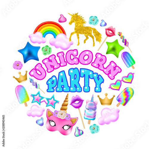 Poster unicorn party  rainbow  ice cream  hoop  mask  crown  sunglasses and other elements on a white background. Realistic vector illustration.
