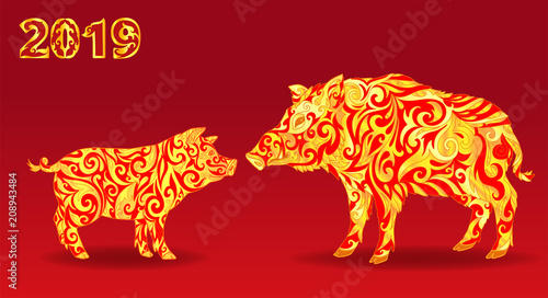 Chinese zodiac sign animal. 2019 is New Year of Yellow Pig or boar. Red background for congratulations and greeting card with wild pig, pigglet and lanterns.