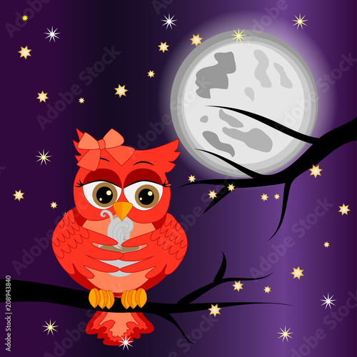 Good night card with a sleeping owls and a clouds. Vector illustration