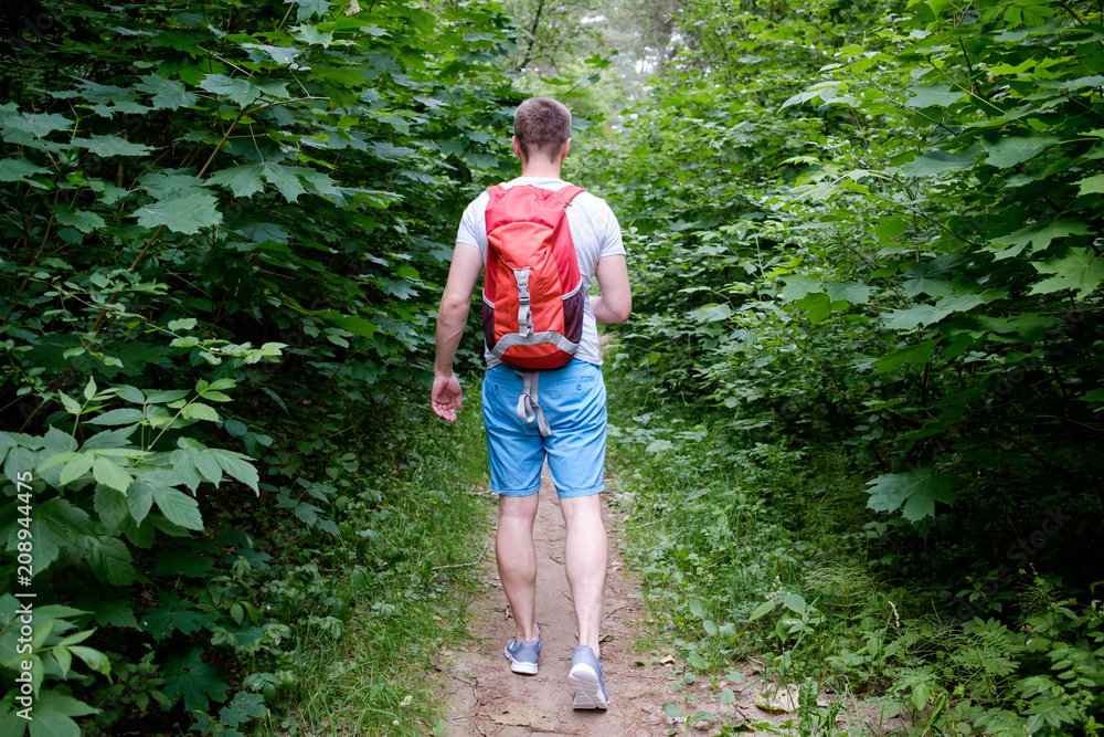 young attractive sporty man walking along a path in the forest young attractive sporty man walking along a path in the forest