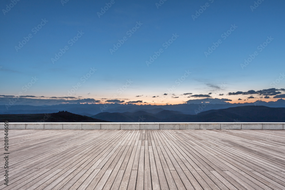 empty wooden floor with sunrsise empty wooden floor with sunrsise