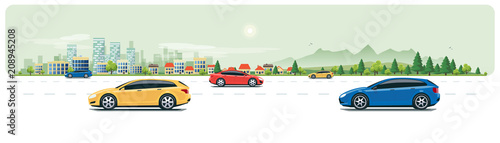 Flat vector cartoon style illustration of urban landscape street with cars  skyline city office buildings  family houses in small town and mountain with green trees on white backround. Road traffic. 