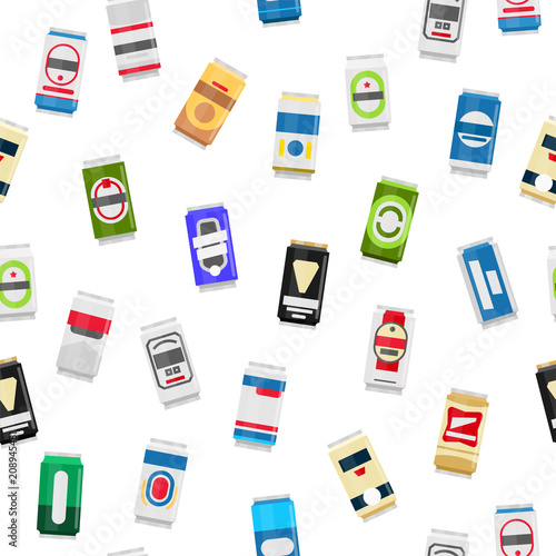 Various cans of beer isolated on white background seamless pattern. Large set of beer flat design. Beverages vector icons vector illustration.
