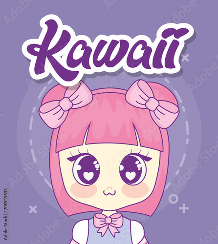 Kawaii anime girl icon over purple background, vector illustration