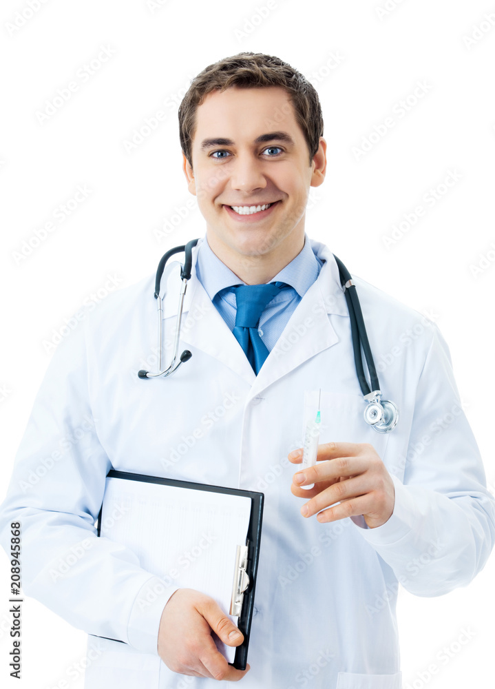 Happy doctor with syringe, isolated on white background Happy doctor with syringe, isolated on white background