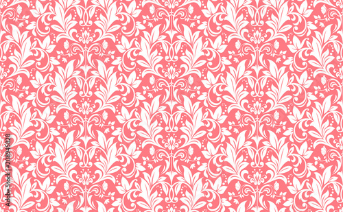 Wallpaper in the style of Baroque. A seamless vector background. White and pink floral ornament. Graphic pattern for fabric, wallpaper, packaging. Ornate Damask flower ornament