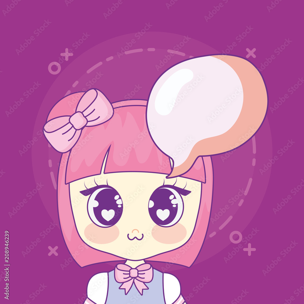 Kawaii anime girl with speech bubble over purple background, colorful design. vector illustration Kawaii anime girl with speech bubble over purple background, colorful design. vector illustration