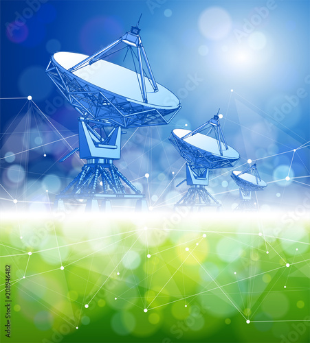 Doppler radars against the blue sky & green grass - environment ecology and modern communication technologies concept. Digital wave as the information networks innovation, modern technology & science