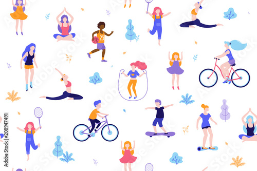 People in the park seamless pattern white background. Children doing activities and sports outdoor flat design vector illustration. Women doing yoga, stretching, fitness outside isolated.