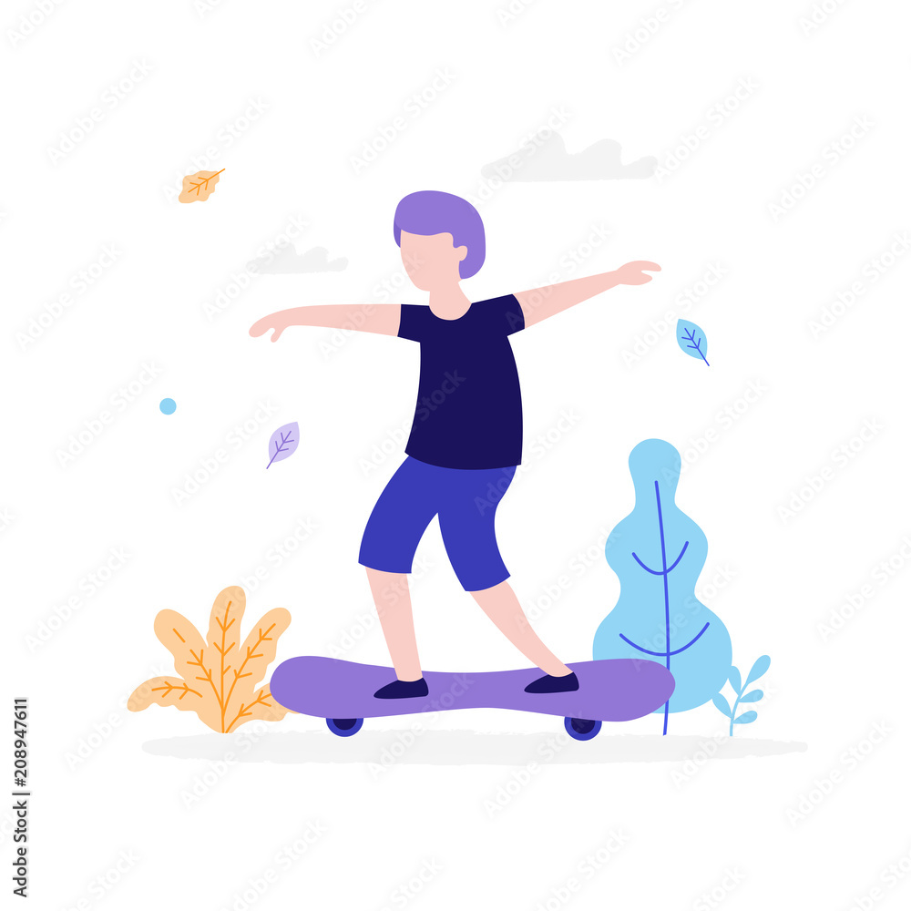 Boy skateboarding outdoors in the park isolated on white background. Children sport activity concept, summer flat illustration with bush, tree and leaves around