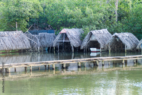 Thatched docks for fishing boats at Rio Miel river mouth near Baracoa, Cuba