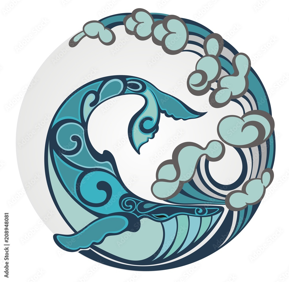 Obraz premium Stylizowane ręcznie rysowane ogon wieloryba w falach oceanu, ilustracji wektorowych, okrągły element dekoracyjny