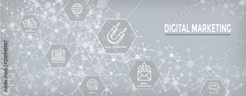Digital Inbound Marketing Web Banner w Vector Icons with CTA, Growth, SEO, etc