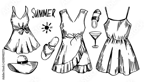 Summer set with women's dresses. Vector sketch