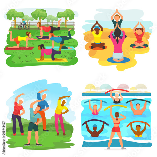 Workout exercise vector active people exercising with trainer in sportive group in park illustration set of man or woman character training fitness activity isolated on white background