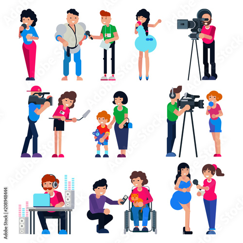 Journalist vector cameraman character and tv reporter broadcasting news or press interview with man or woman illustration set of journalistic people working on television isolated on white background