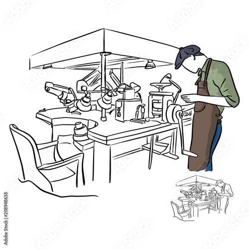 jeweler working in jewelery shop vector illustration sketch doodle hand drawn with black lines isolated on white background