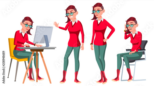 Office Worker Vector. Woman. Happy Clerk, Servant, Employee. Freak. In Action. Business Human. Emotions, Various Gestures. Isolated Character Illustration