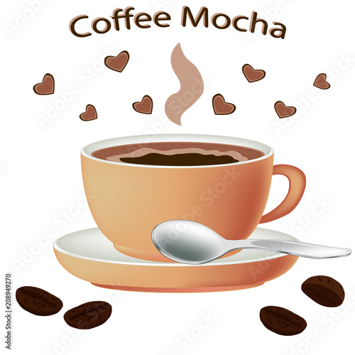 Coffee mocha close-up. Cup of hot coffee isolated on white background. Coffee mocha in a porcelain cup. Vector illustration.