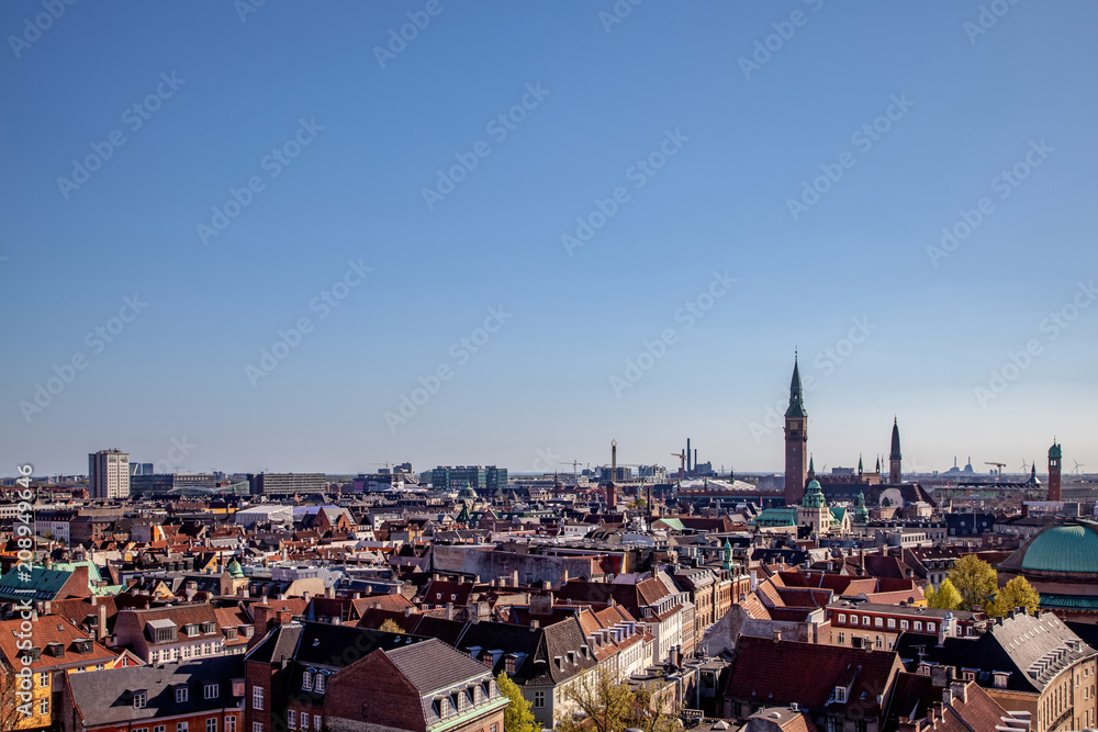 aerial view of beautiful cityscape with historical and modern buildings in copenhagen, denmark