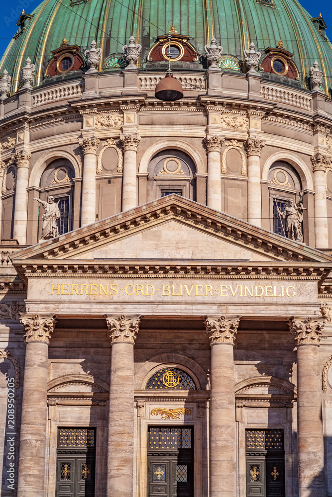 statues and columns on famous Frederiks Church in Copenhagen, Denmark