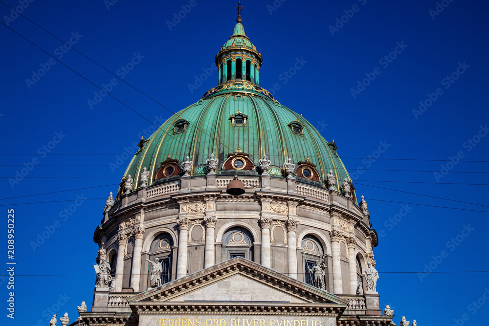 low angle view of beautiful architecture of Frederiks Church in Copenhagen, Denmark