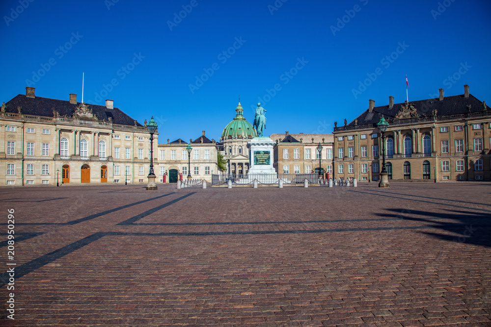 statue, square and famous Frederiks Church and statue in Copenhagen, Denmark
