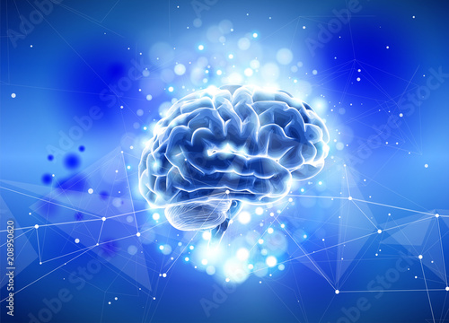 Human brain on a blue technological background surrounded by information fields, neural networks, Internet webs - the concept of modern technology, biotechnology, artificial intelligence / vector draw
