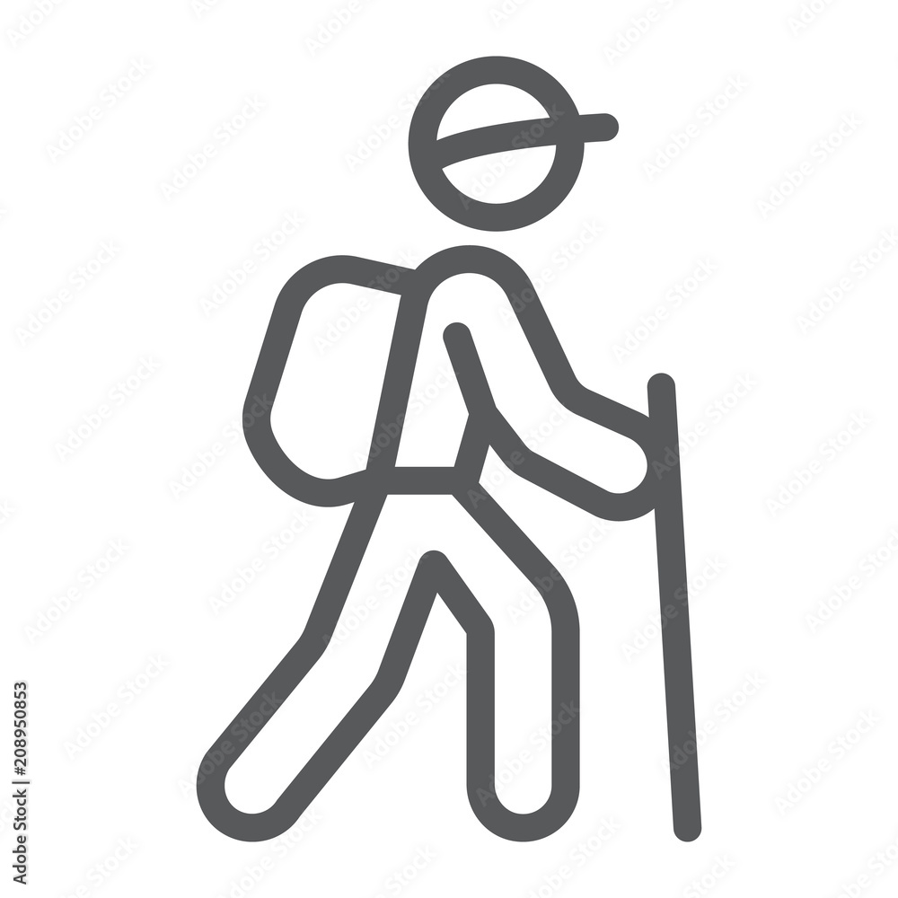 Hiking line icon, travel and tourism, tourist backpacker sign vector graphics, a linear pattern on a white background, eps 10. Hiking line icon, travel and tourism, tourist backpacker sign vector graphics, a linear pattern on a white background, eps 10.