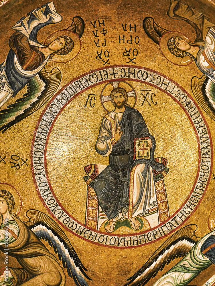 Byzantine mosaic of the dome depicting the enthroned Christ of the 12th century in the church The Martorana Also St. Mary of the Admiral