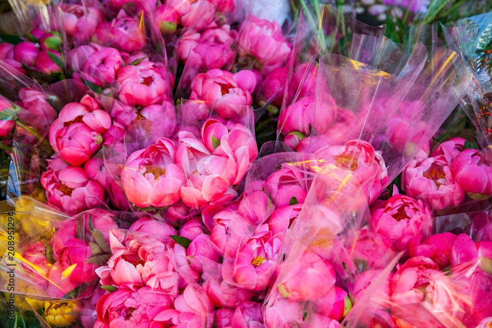 Close up view of pink peony flowers in bouquets