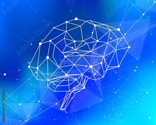 human brain of triangles, lines & dots located on a blue technological background - conceptual illustration symbolizing artificial intelligence & modern biotechnology & HUD interface