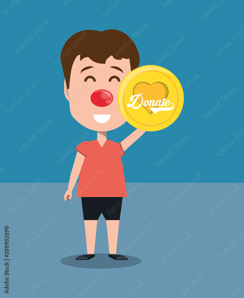cartoon boy with donate coin over blue background, colorful design. vector illustration cartoon boy with donate coin over blue background, colorful design. vector illustration