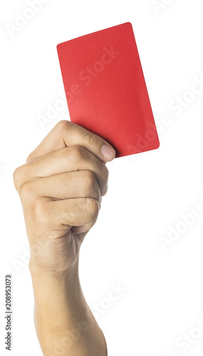 hand Of Soccer Referee Showing Red Card On White Background