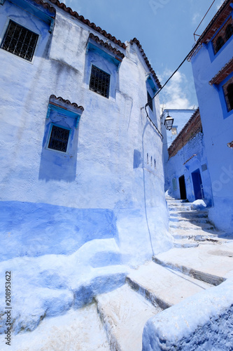 Street landscape of the of old historical medieval city Сhefchaouen in Morocco. Blue town village narrow streets of medina © ruzvold