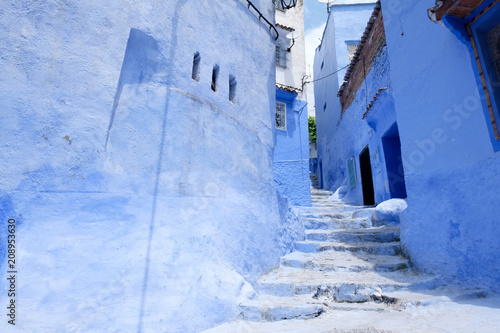Street landscape of the of old historical medieval city Сhefchaouen in Morocco. Blue town village narrow streets of medina © ruzvold