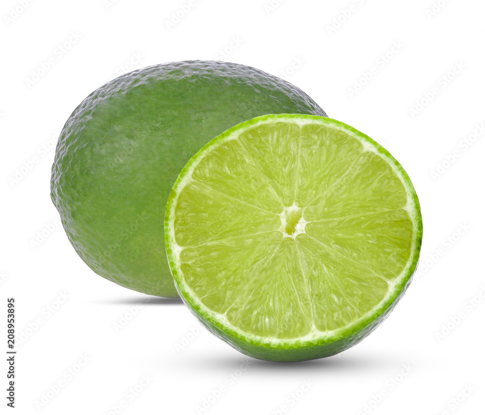 Ripe half of green lime citrus fruit isolated on white background Ripe half of green lime citrus fruit isolated on white background