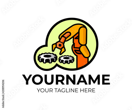 Robotic manipulator arm and cogwheels or gears, logo template. Handling robot and robotization, vector design. Industrial mechanical arm, illustration