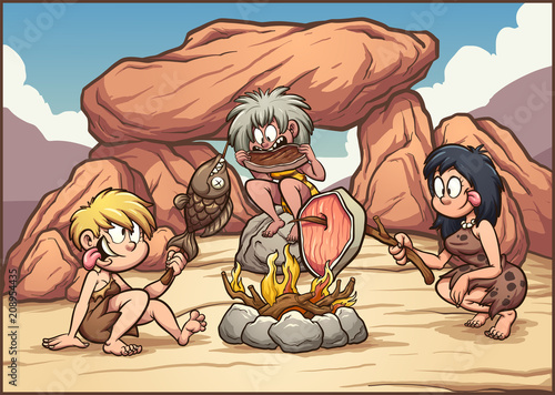 Cartoon cave women cooking and eating meat and fish. Vector clip art illustration with simple gradients. Some elements on separate layers. 