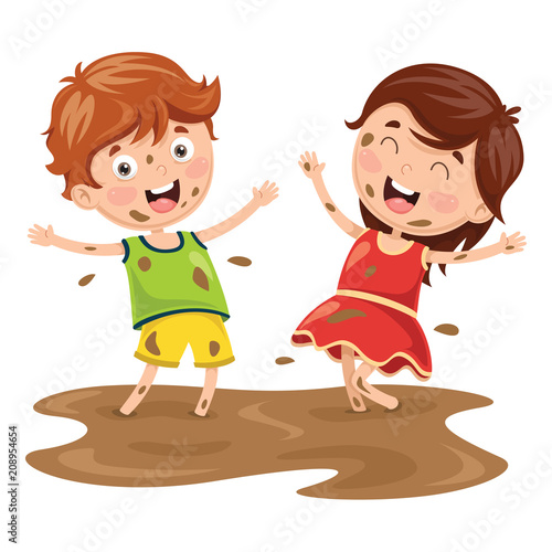 Vector Illustration Of Kids Playing In Mud