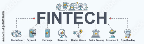 Fintech banner web icon set, blockchain, financial technology, payment, online banking, investment and crowdfunding . minimal vector infographic concept.