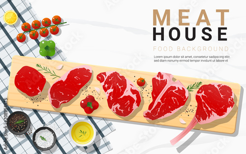 Raw beef steaks, tenderloin, strip loin, rib eye, t-bone and tomahawk with seasoning on wooden cutting board on marble stone background, vector, illustration